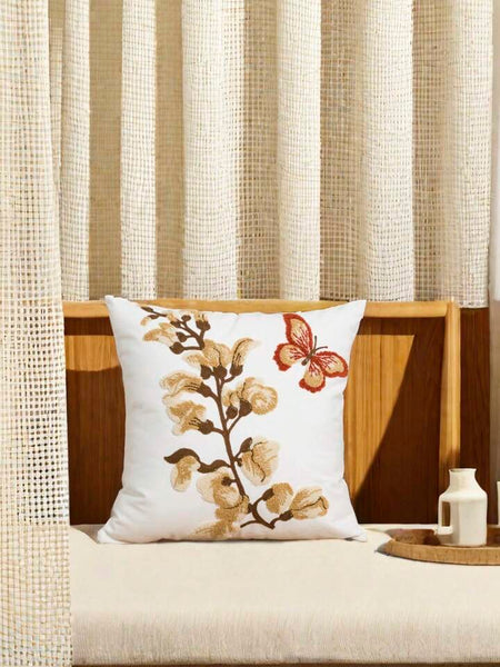 Funda cojín bordada flores beige