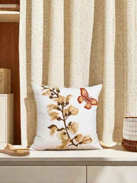 Funda cojín bordada flores beige