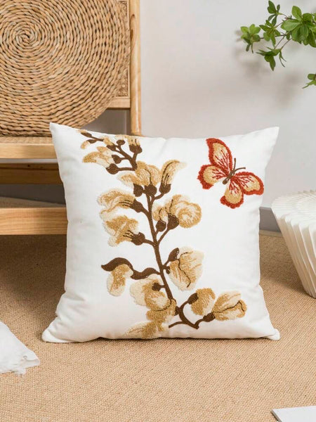 Funda cojín bordada flores beige