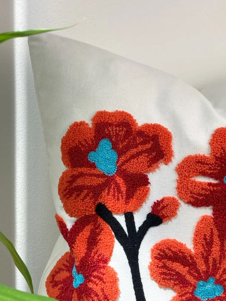 Funda cojín bordada flores terracota