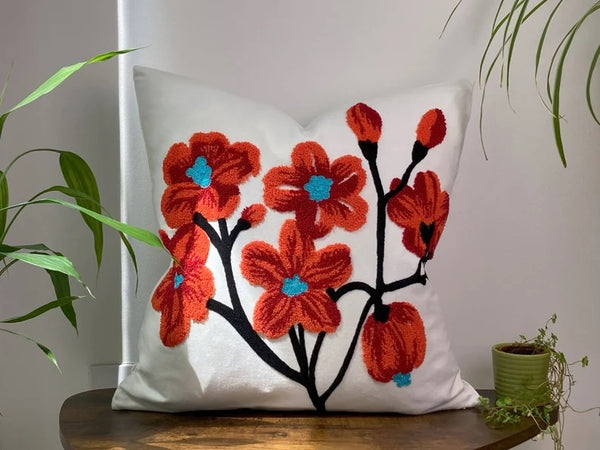 Funda cojín bordada flores terracota