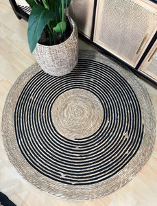 Alfombra yute circular líneas negras