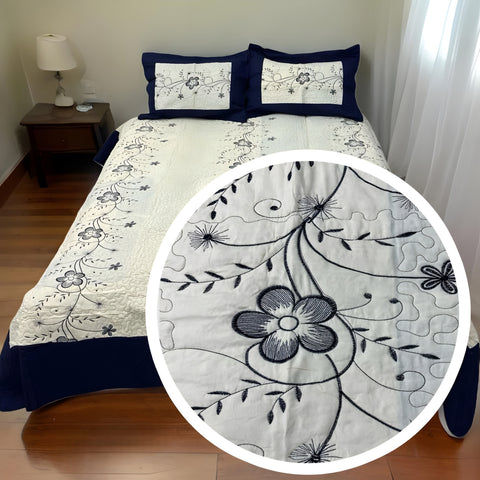 Cubrecama Bordado King Blanco- Azul