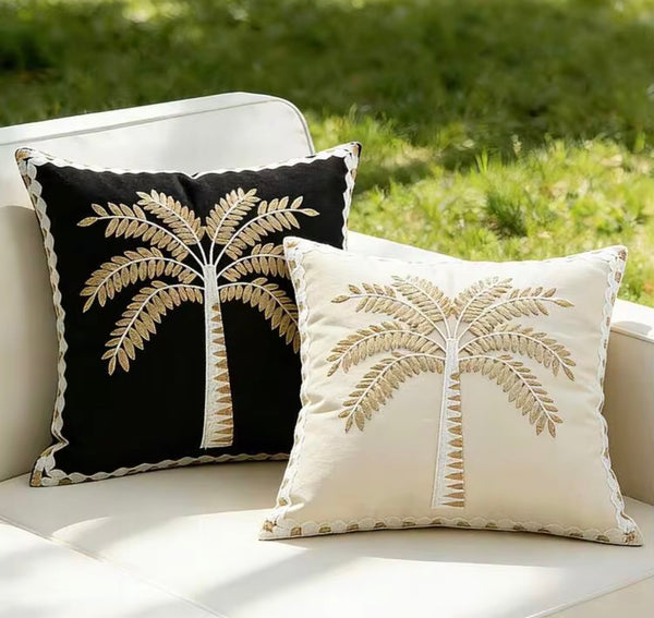 Funda cojín bordada palmera negra
