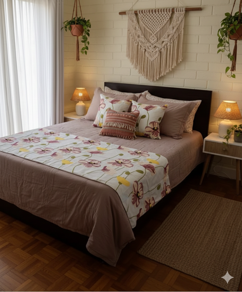 Piecera bordada 210x70cm+ 2 fundas Mod Floreada