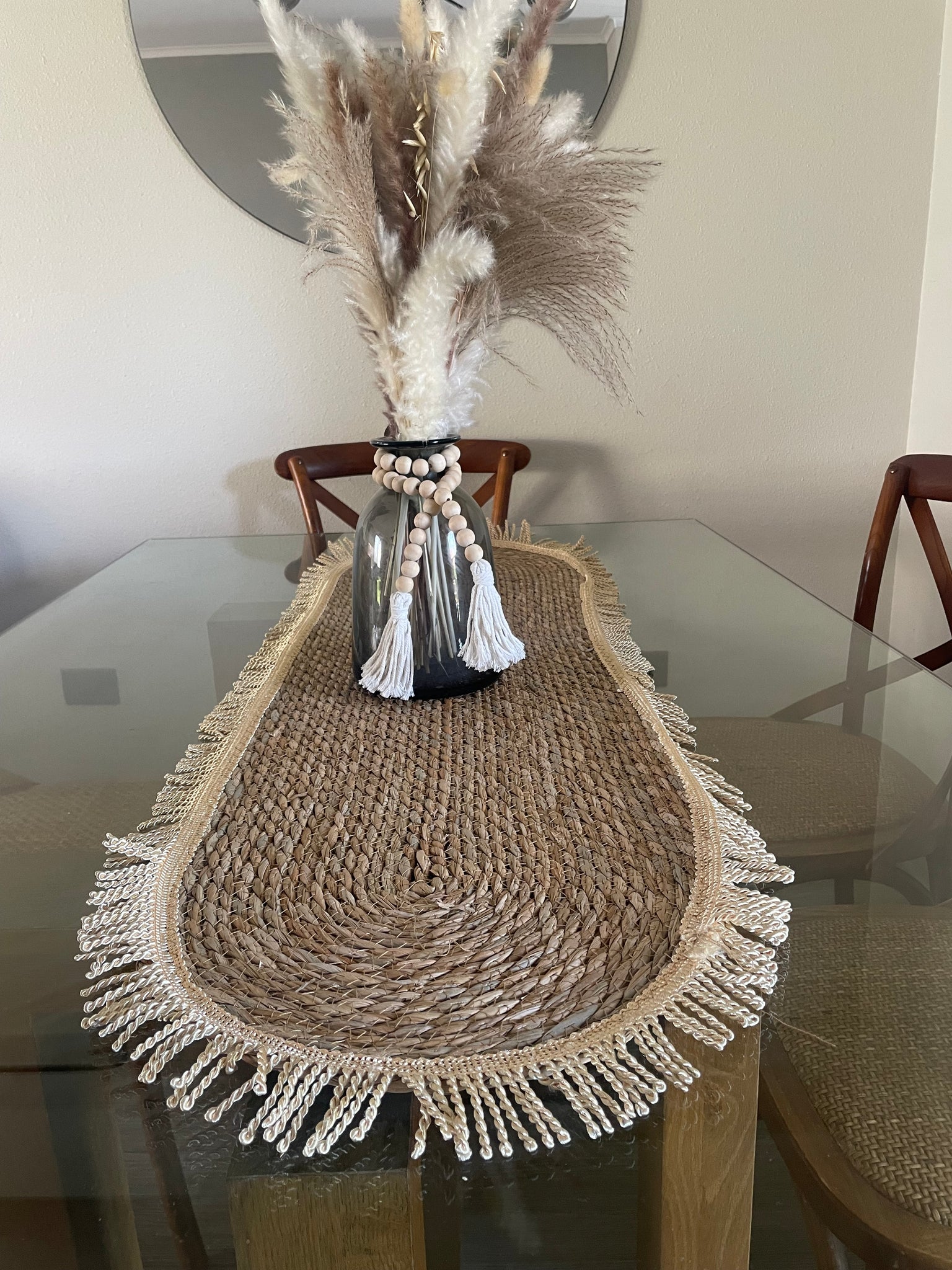 Camino de mesa yute flecos dorados