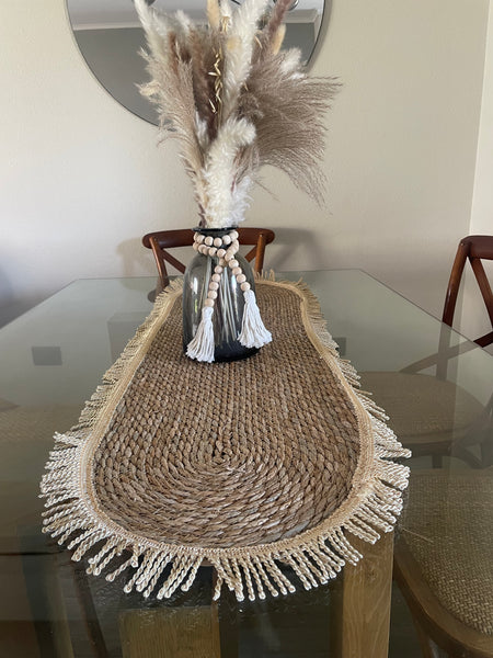 Camino de mesa yute flecos dorados