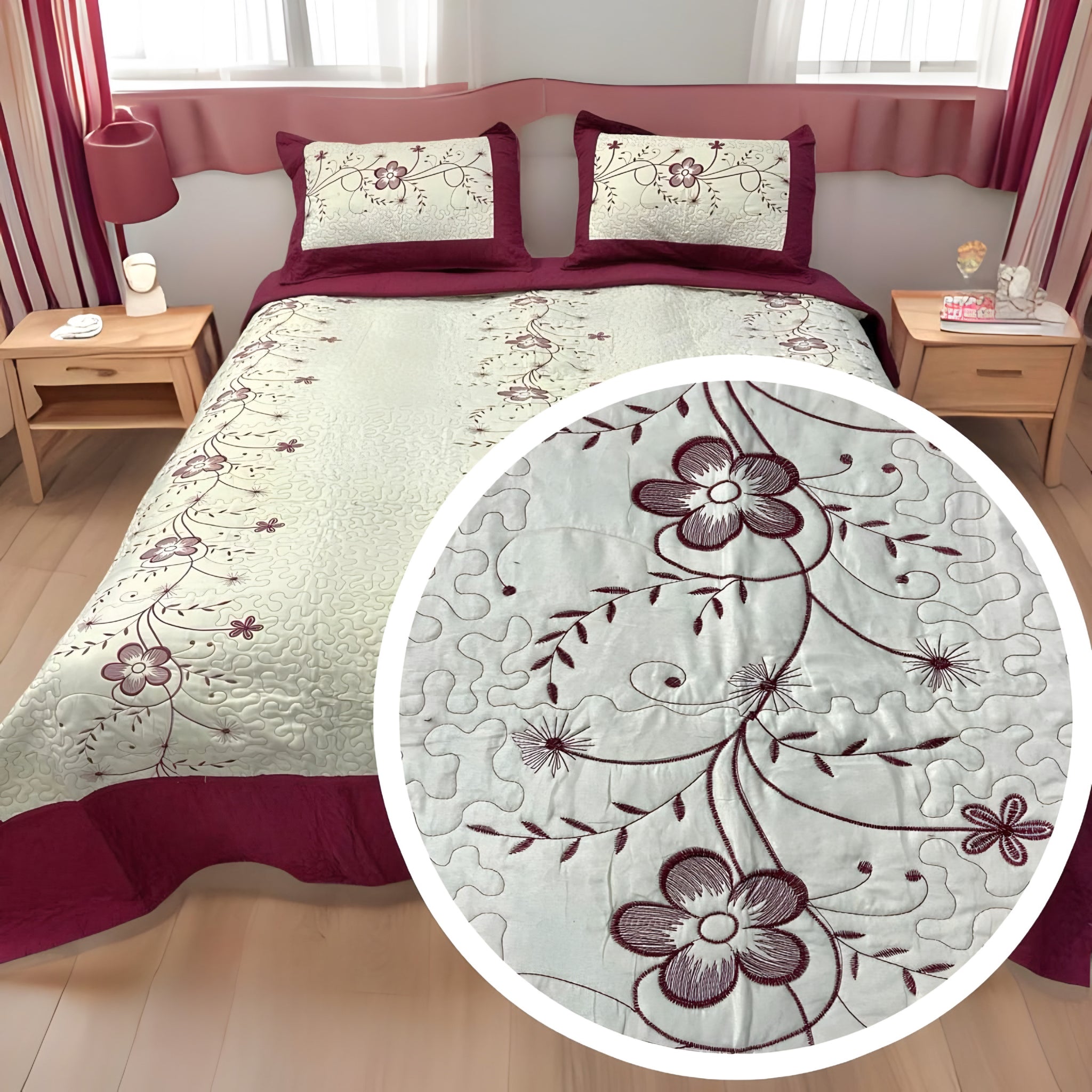 Cubrecama Bordado King Blanco - Burdeo