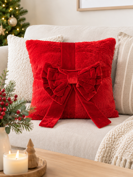 Funda Cojin Roja con Lazo Navidad