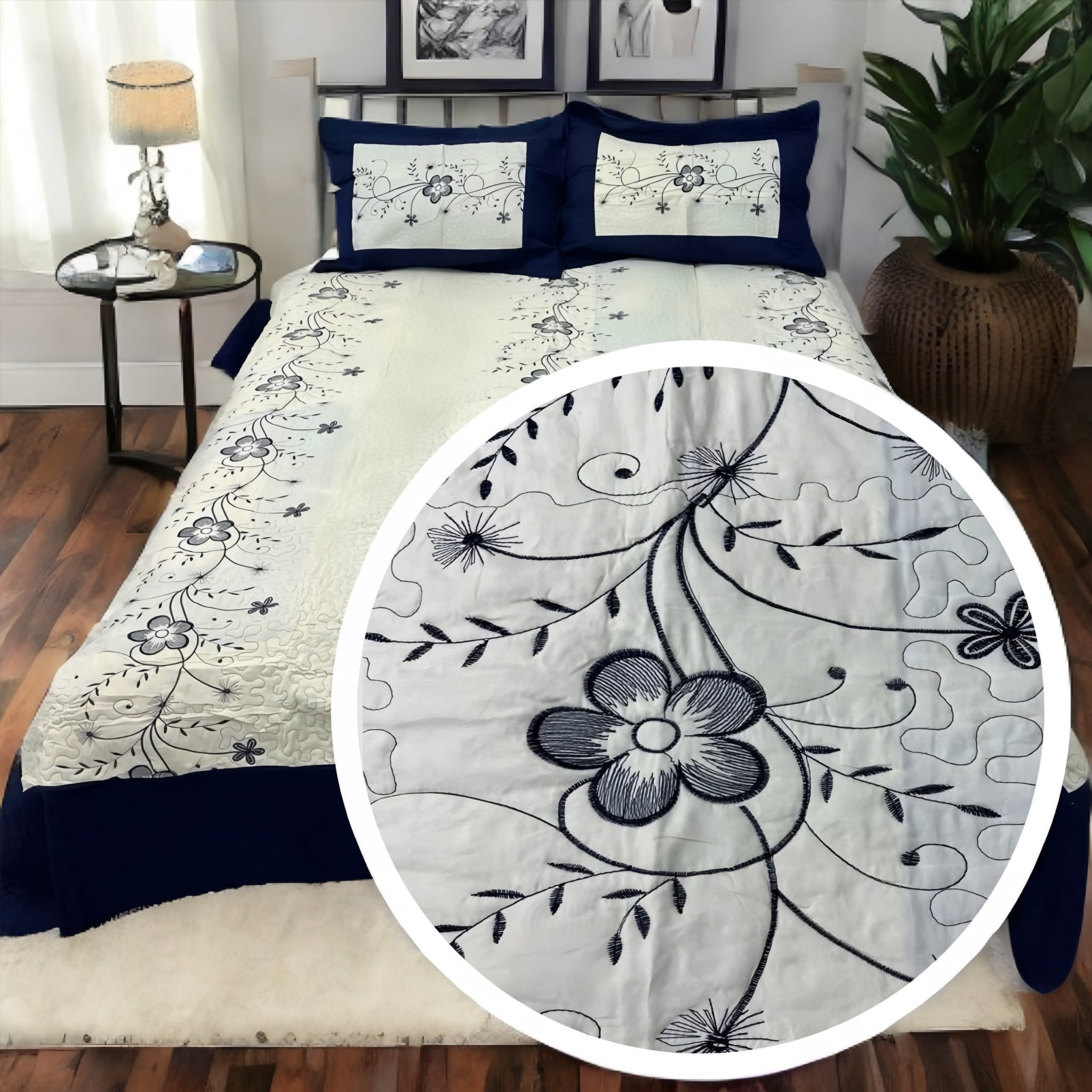 Cubrecama bordado 2P blanco - azul