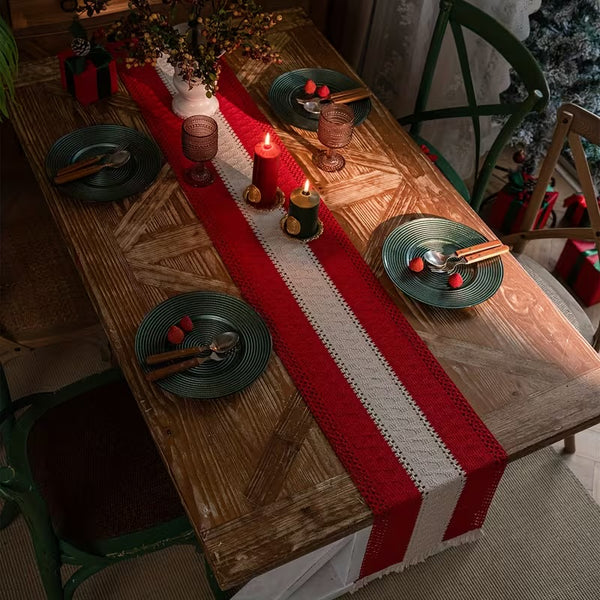 Camino de mesa flecos Navidad Rojo