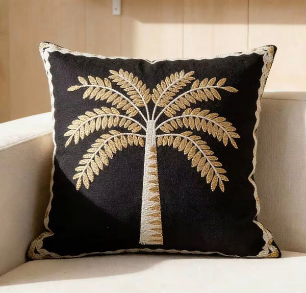 Funda cojín bordada palmera negra