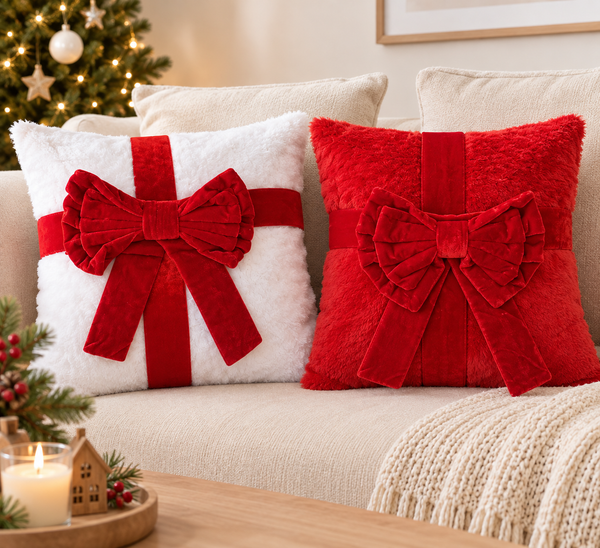 Funda Cojin Roja con Lazo Navidad