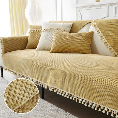 Funda sillón textura 3 cuerpos camel con pompón