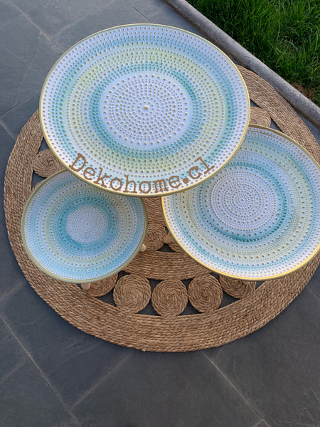 Trio de mesas mándalas turquesa-dorado