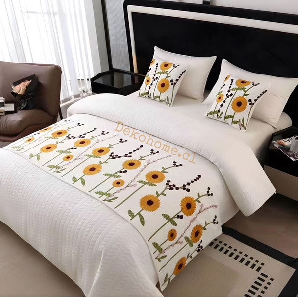Piecera Bordada girasol 210x70cm Incluye 02 fundas de cojín