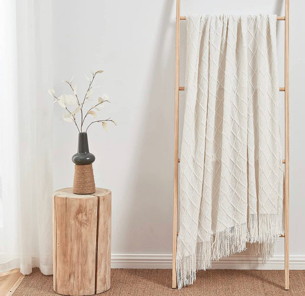 Manta tejida zigzag blanco invierno