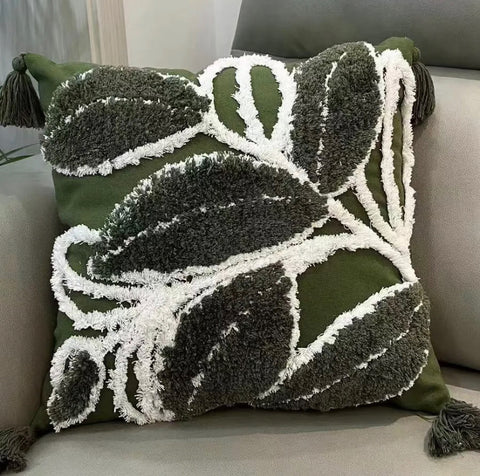 Funda Cojín Boho hojas verde
