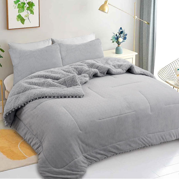 Cubrecama 2P reverso de polar Gris con pompón